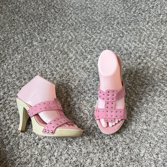 Naturalizer Vtg Y2K Clog Heels Sandals Pink Leather Studs Size 7 M Strappy - Picture 1 of 11